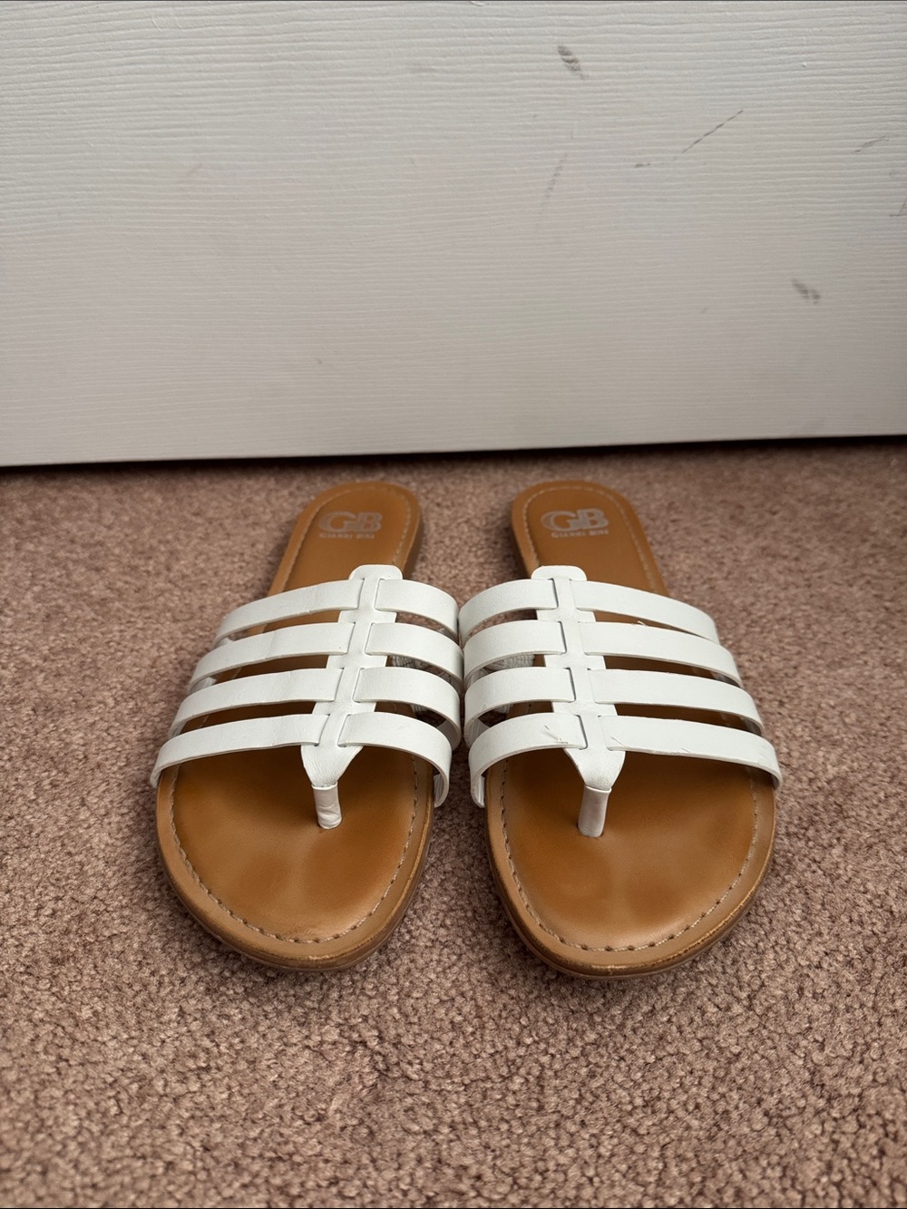 Gianni Bini White Multi-Strap Toe-Post Sandals with Tan Footbed